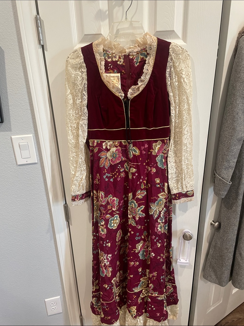 Gunne Sax Burgundy Floral Velvet Bodice Lace-Sleeve Maxi Dress